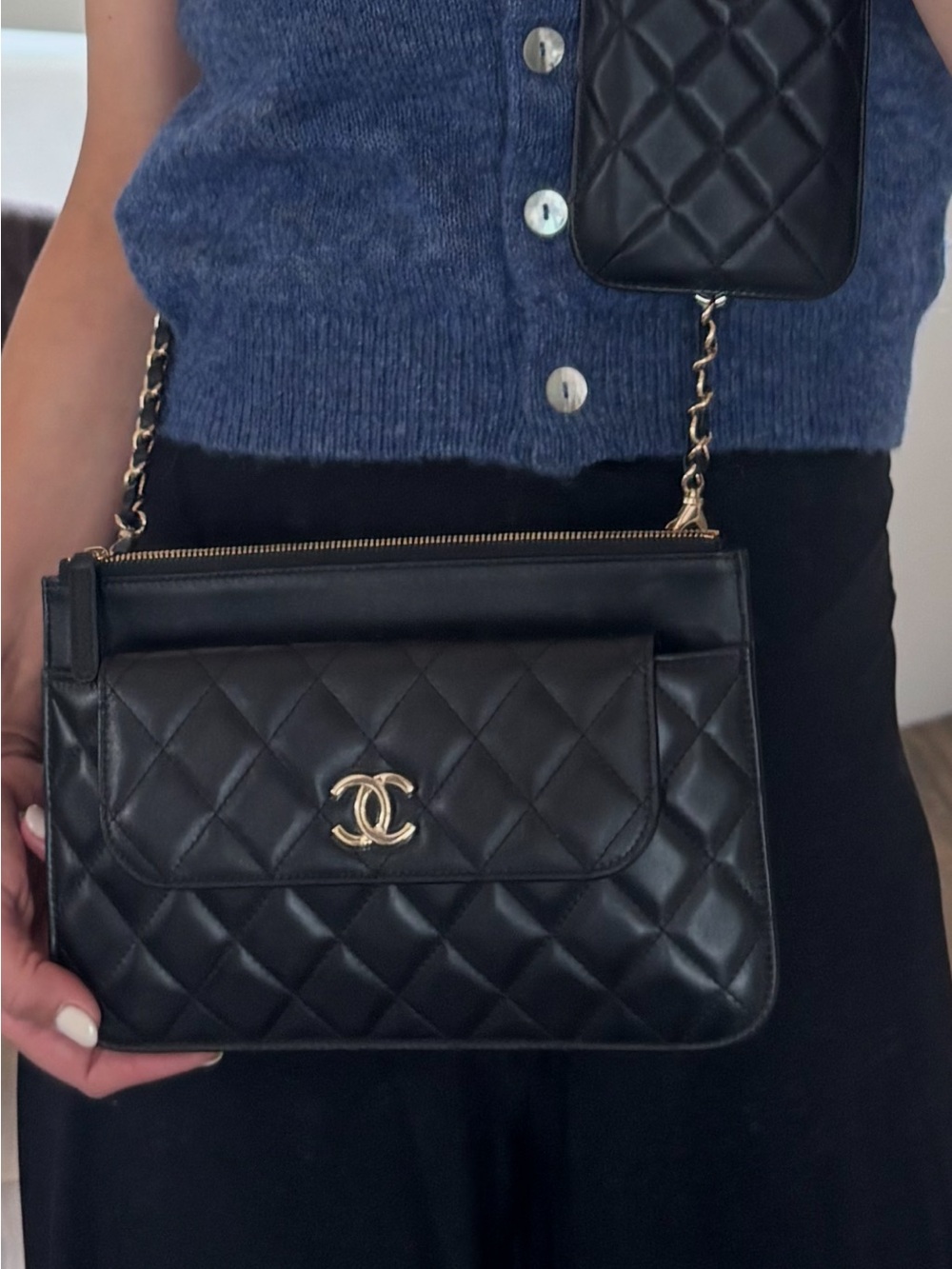 CHANEL Black Quilted Leather Crossbody Set with Gold Chain full set